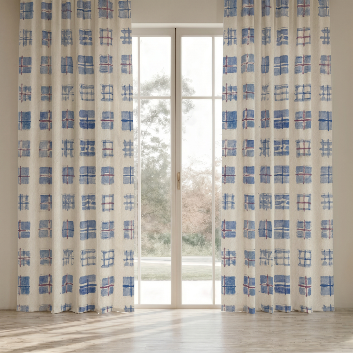 Vesper irregular-grid curtains styled as a pair around a bright window; each curtain panel is sold individually.