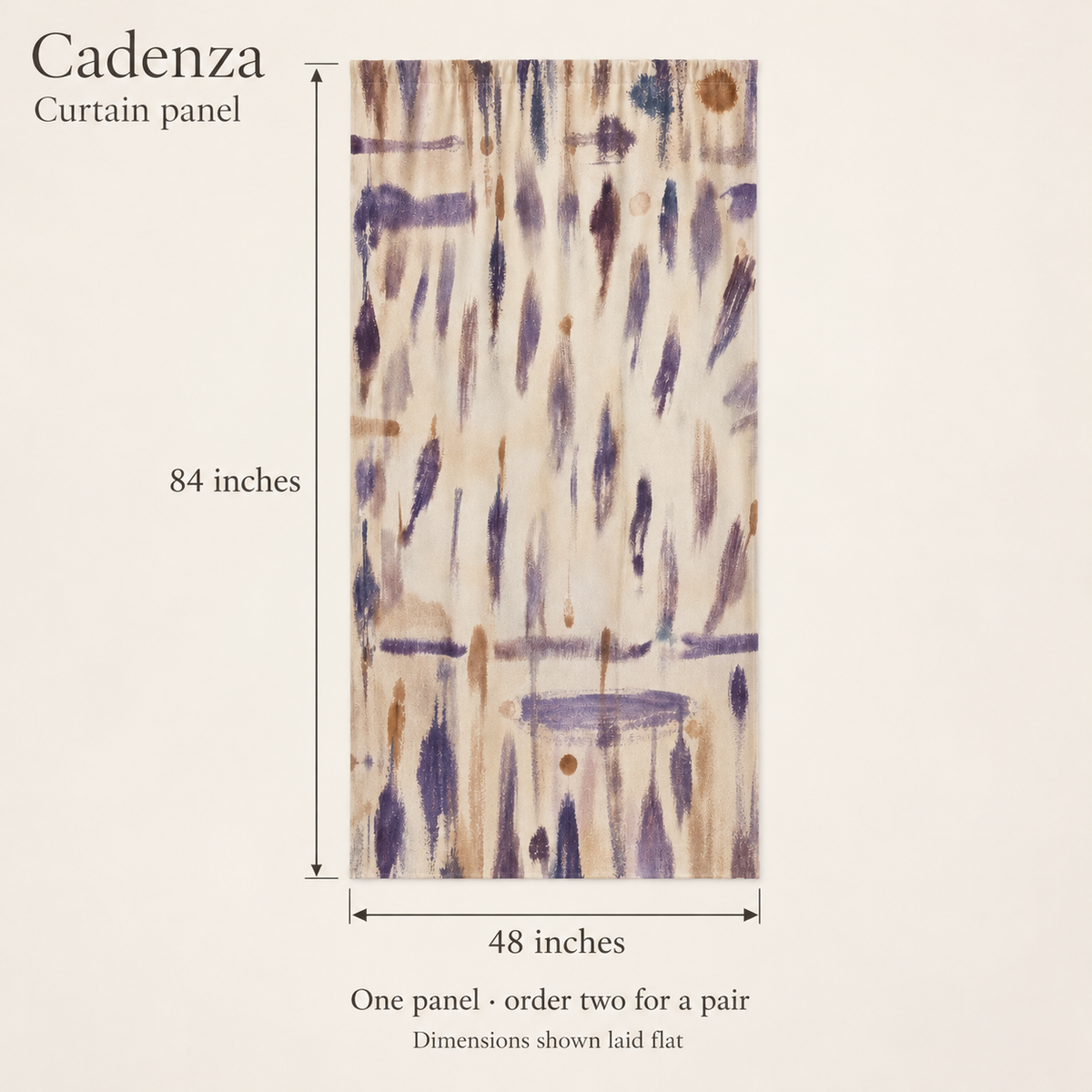 Cadenza Brushwork Fine Cotton Curtain Panel — 48 × 84″; dimension diagram and inclusions.