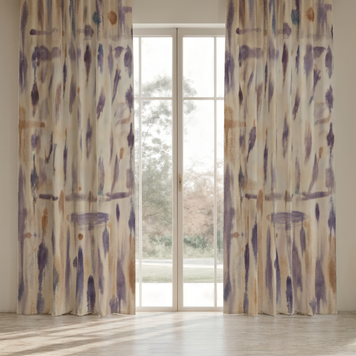 Cadenza Fine Cotton curtain panels in a window setting; two panels are shown, each sold individually.