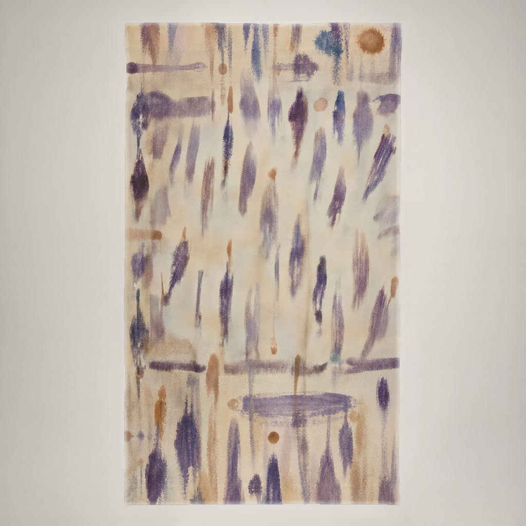 Cadenza Fine Cotton curtain panel laid flat, showing the continuous rod-pocket top and full brushwork print.