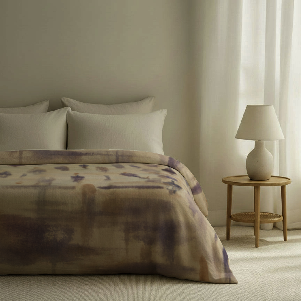 Cadenza Cotton Percale duvet cover styled on a bed; pillows, sheets, lamp and furniture are styling only.
