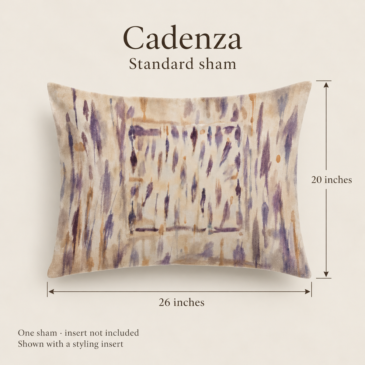 Cadenza Brushwork Cotton Percale Sham — Standard; dimension diagram and inclusions.
