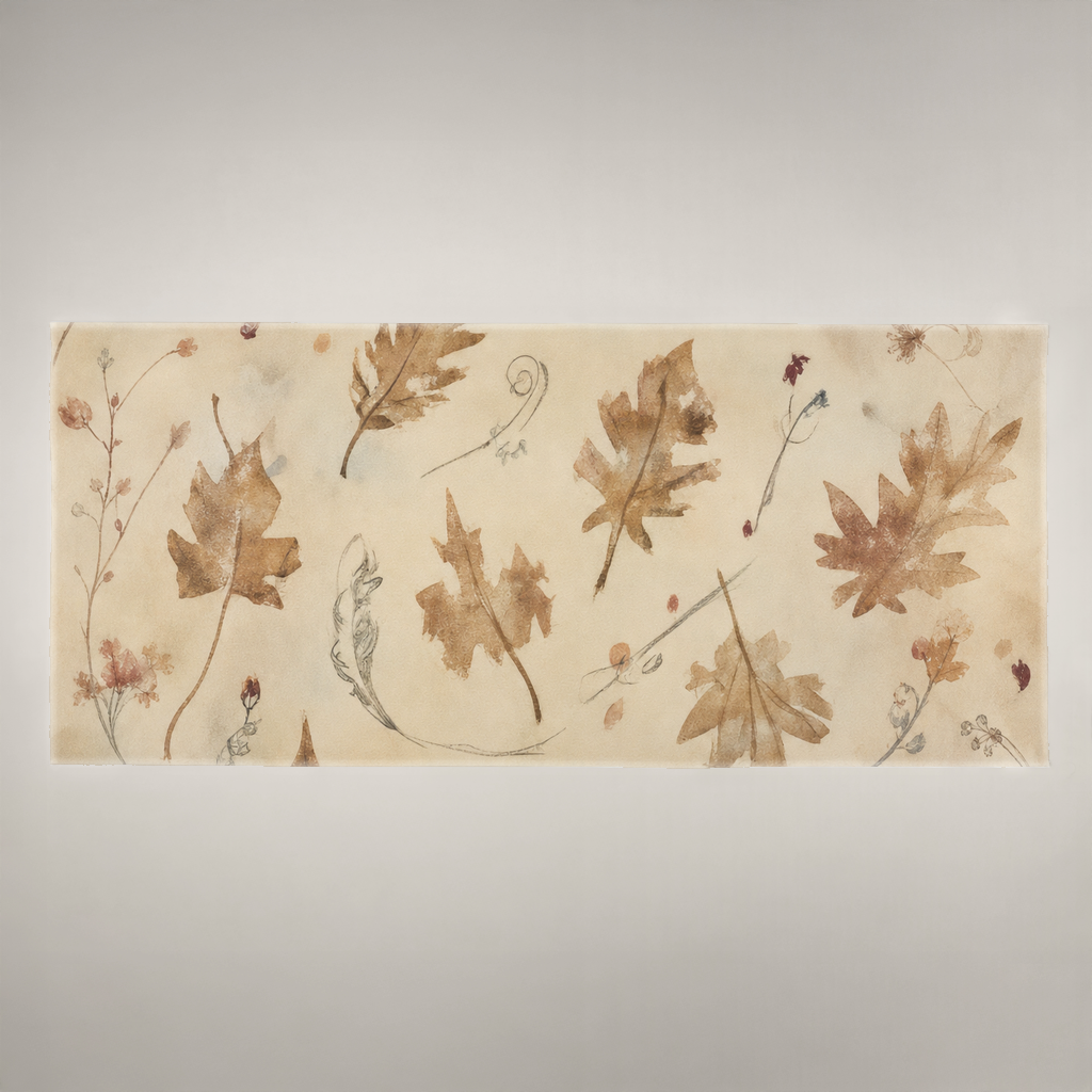 Coppice Fine Cotton tablecloth, folded horizontal view showing chestnut oak leaves on parchment.
