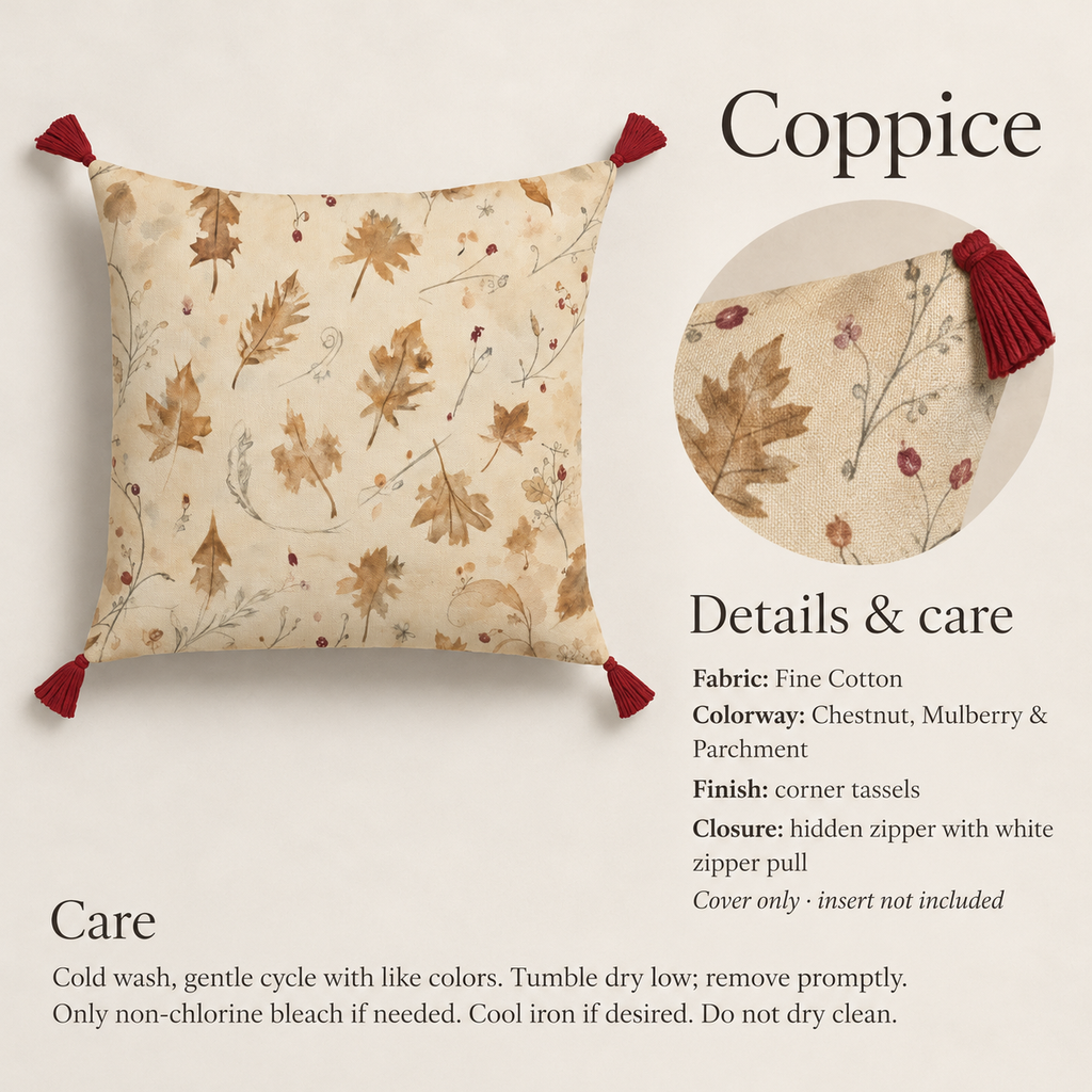 Coppice Oak-Leaf Tasselled Fine Cotton Pillow Cover — 22″ Square; verified details and care guide.