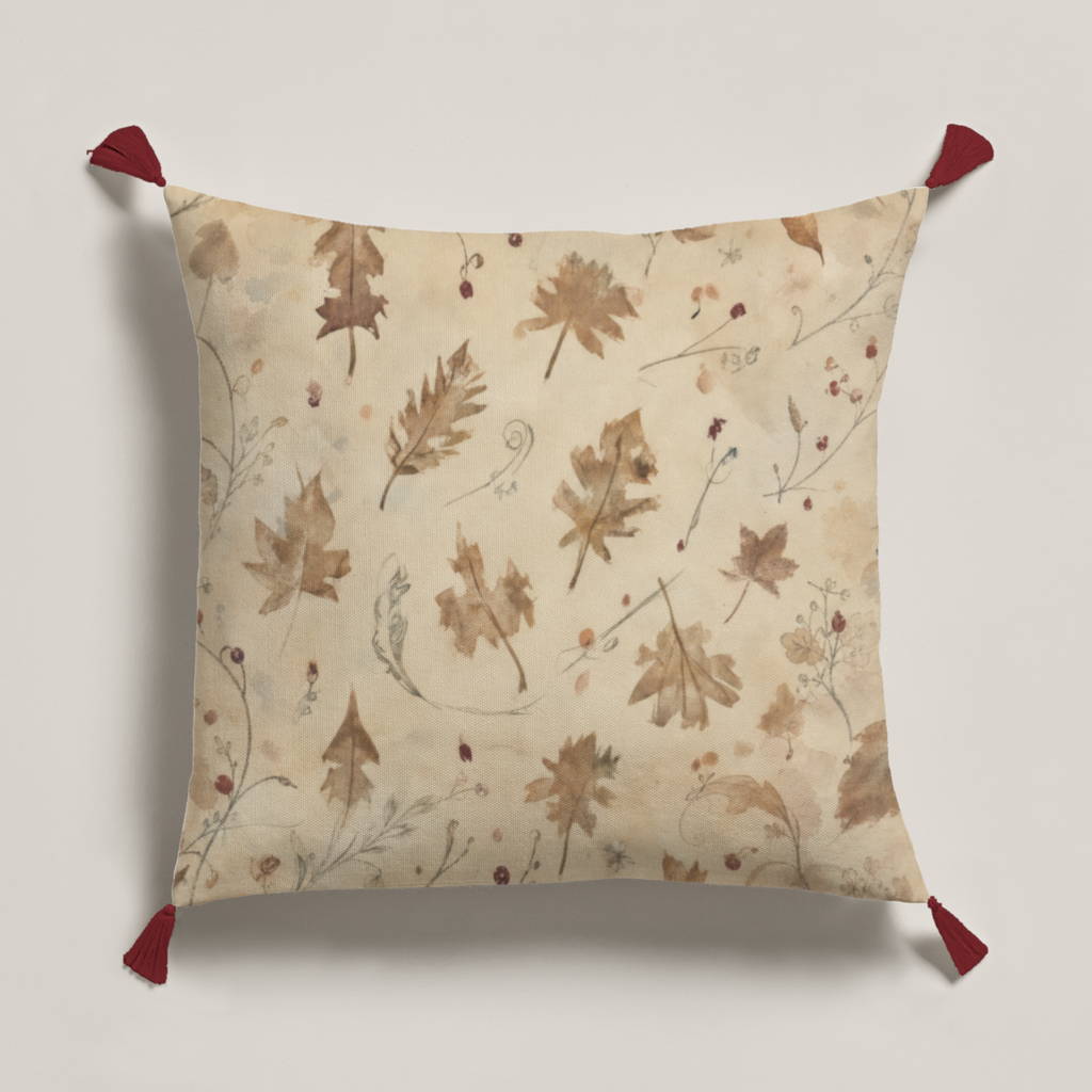 Coppice Fine Cotton square pillow cover, front view with four deep red corner tassels.