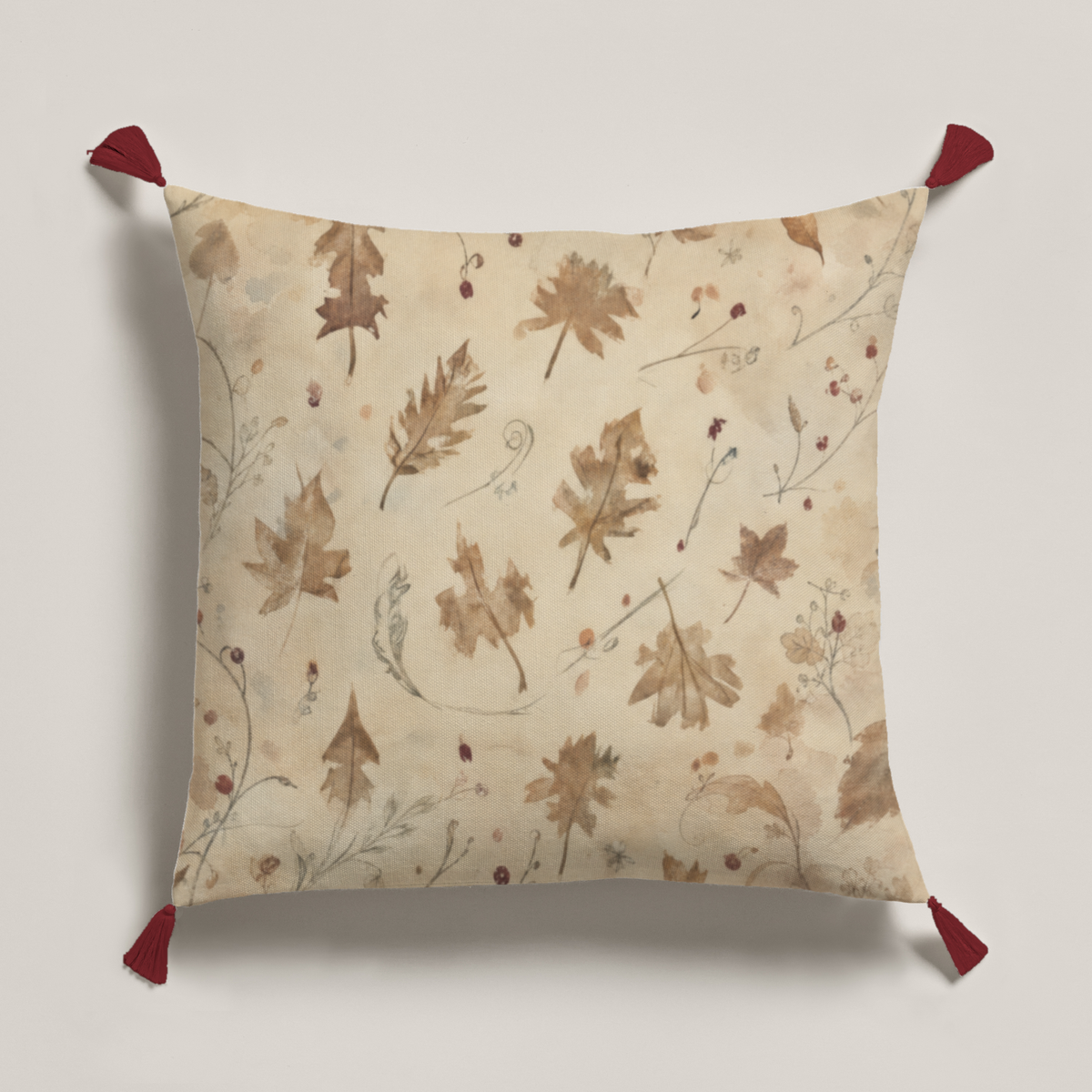 Coppice Fine Cotton square pillow cover, front view with four deep red corner tassels.