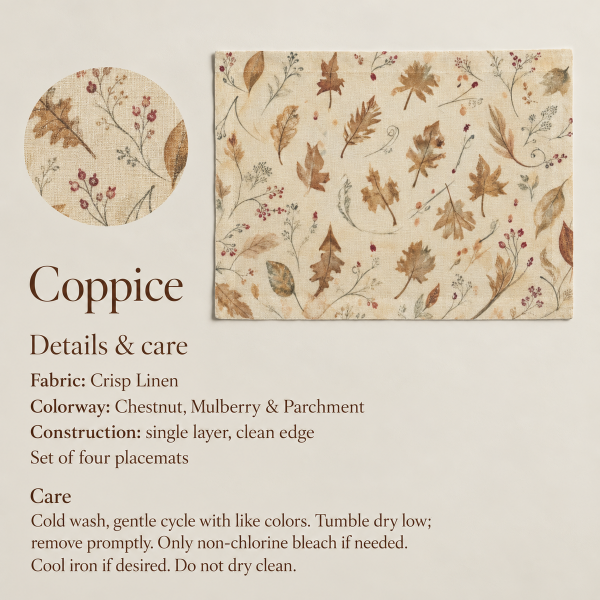 Coppice Oak-Leaf Crisp Linen Placemats — Set of 4; verified details and care guide.