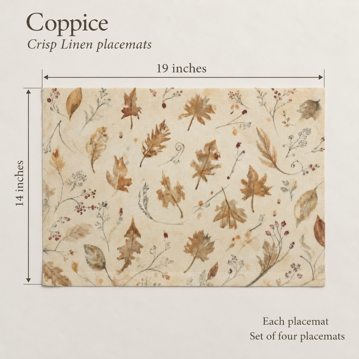 Coppice Oak-Leaf Crisp Linen Placemats — Set of 4; dimension diagram and inclusions.