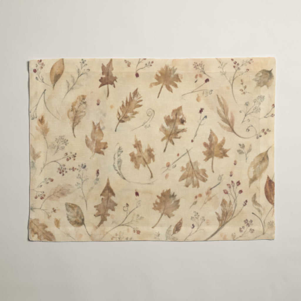 Coppice Crisp Linen placemat, flat front view with chestnut leaves and mulberry accents on parchment.