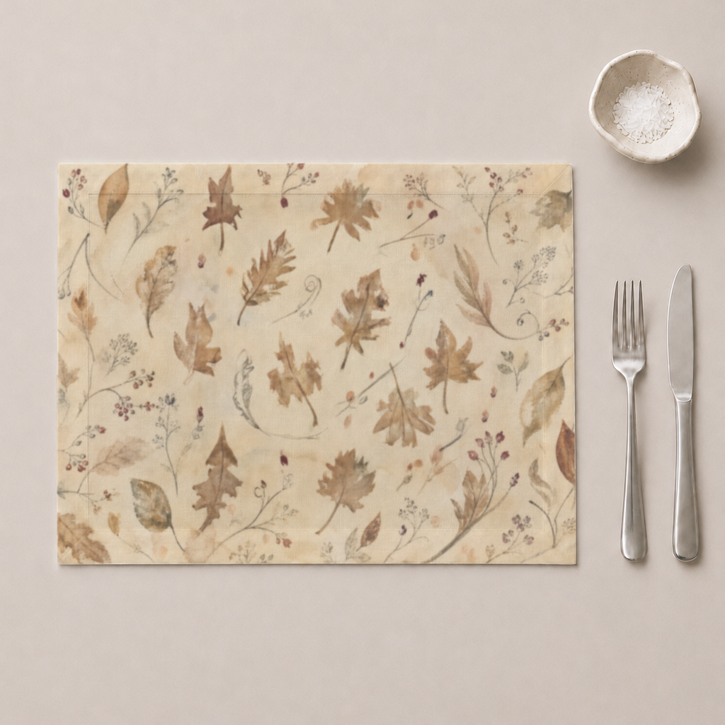 Coppice Crisp Linen placemat styled beside tableware; cutlery and bowl are styling only.