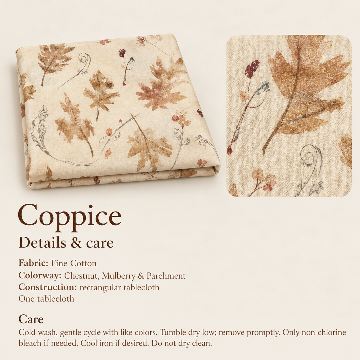 Coppice Oak-Leaf Fine Cotton Tablecloth — 52 × 60″; verified details and care guide.