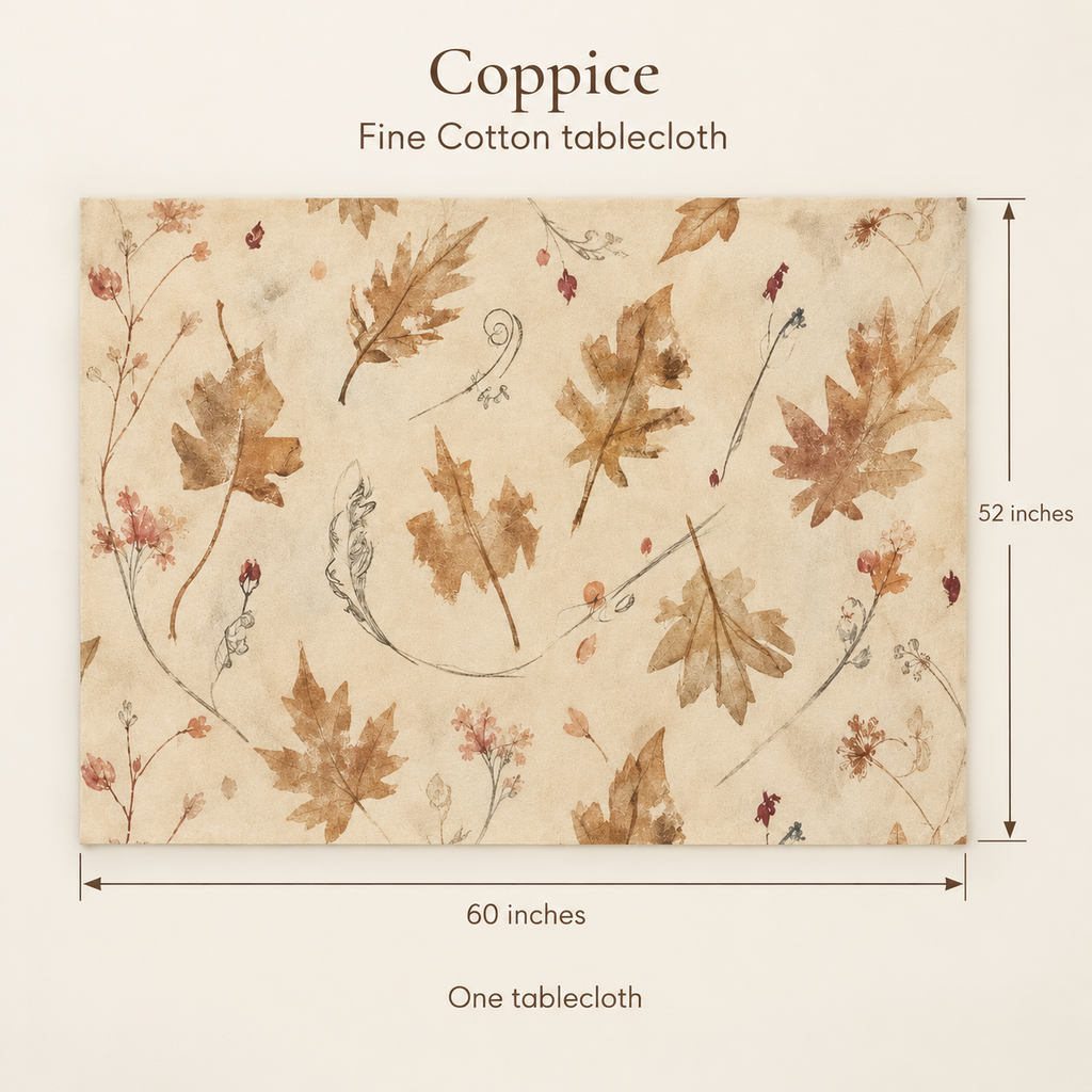 Coppice Oak-Leaf Fine Cotton Tablecloth — 52 × 60″; dimension diagram and inclusions.