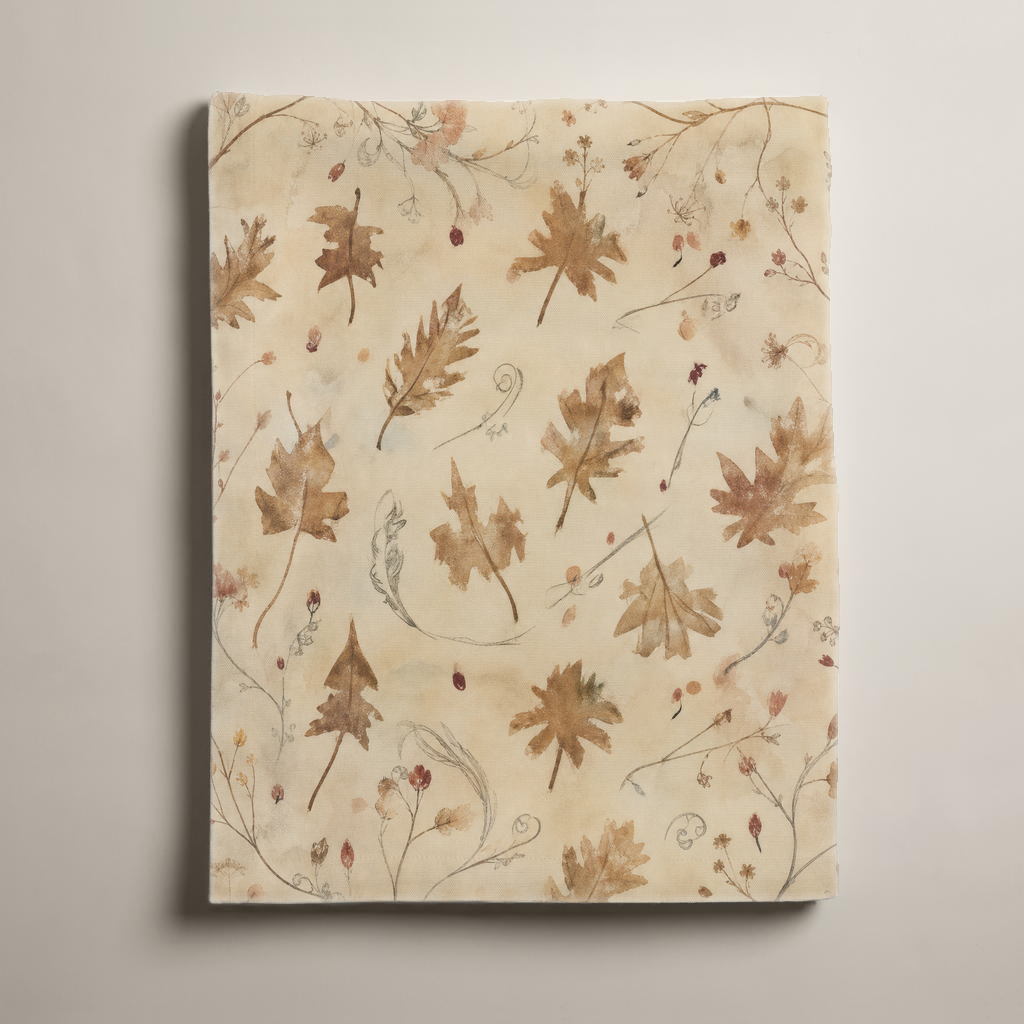 Coppice Fine Cotton tablecloth, folded vertical view of the airy oak-leaf print and finished edges.