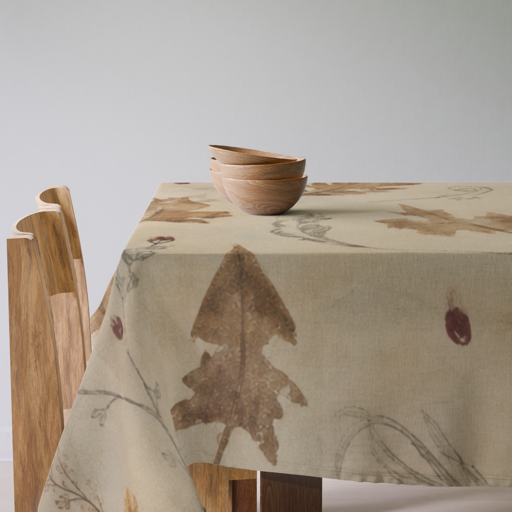 Coppice Fine Cotton tablecloth draped over a dining table; bowls and furniture are styling only.