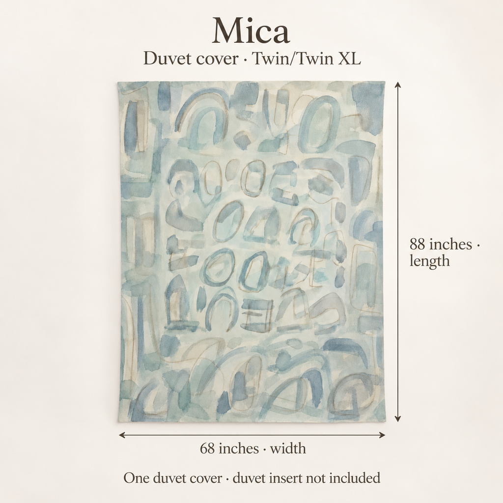 Mica Mineral Abstract Cotton Sateen Duvet Cover — Twin/Twin XL; dimension diagram and inclusions.
