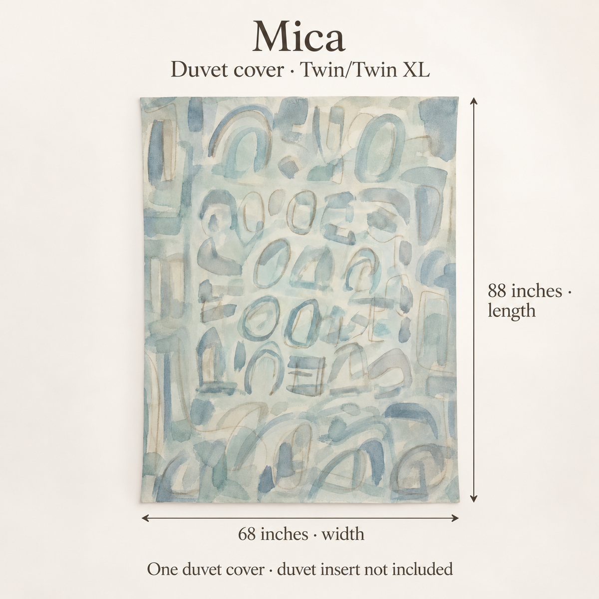 Mica Mineral Abstract Cotton Sateen Duvet Cover — Twin/Twin XL; dimension diagram and inclusions.