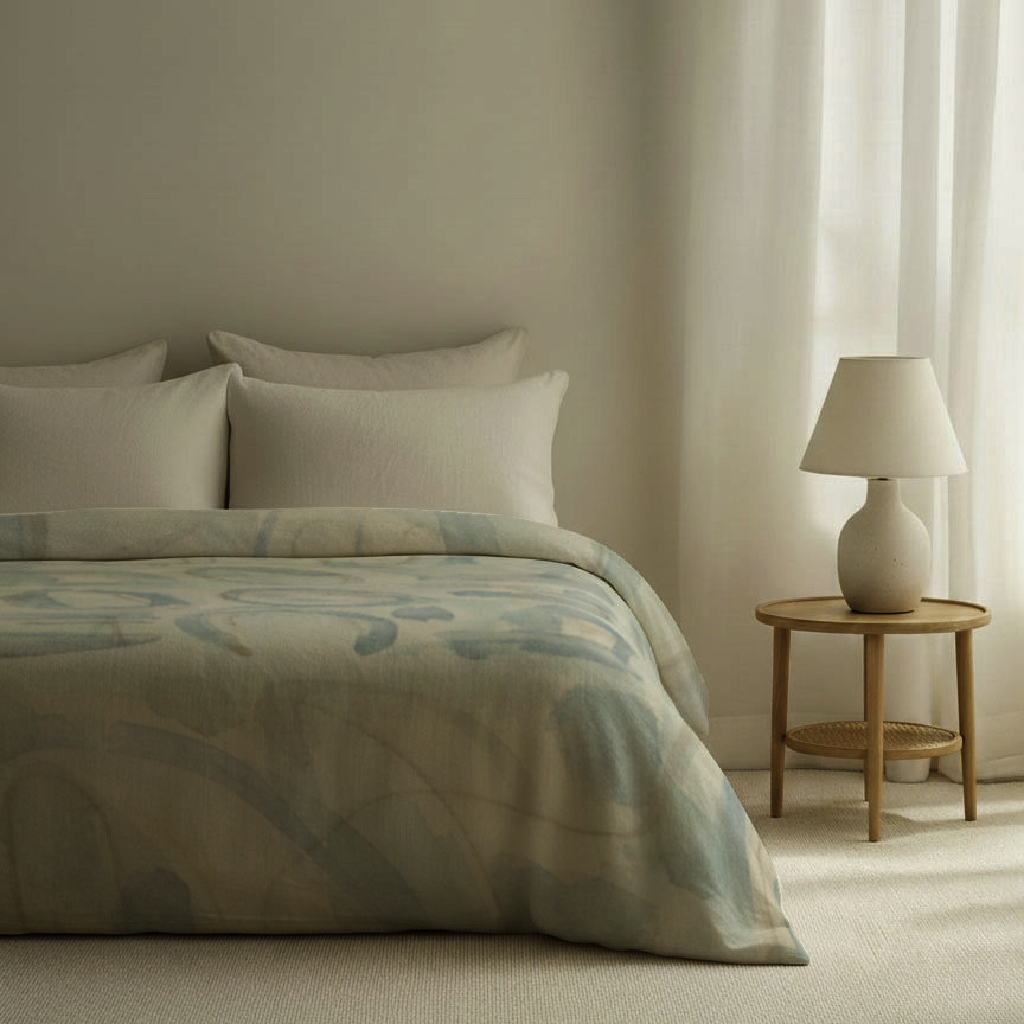 Mica Mineral Abstract Cotton Sateen Duvet Cover — Twin/Twin XL; duvet cover in a styled bedroom; other bedding and furniture are styling only.