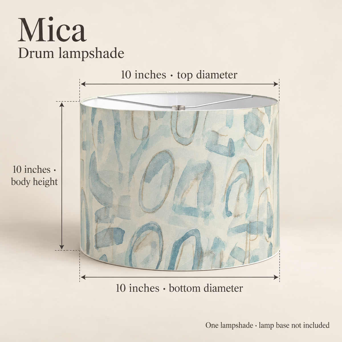 Mica Mineral Abstract Drum Lampshade — 10″ Diameter; dimension diagram and inclusions.