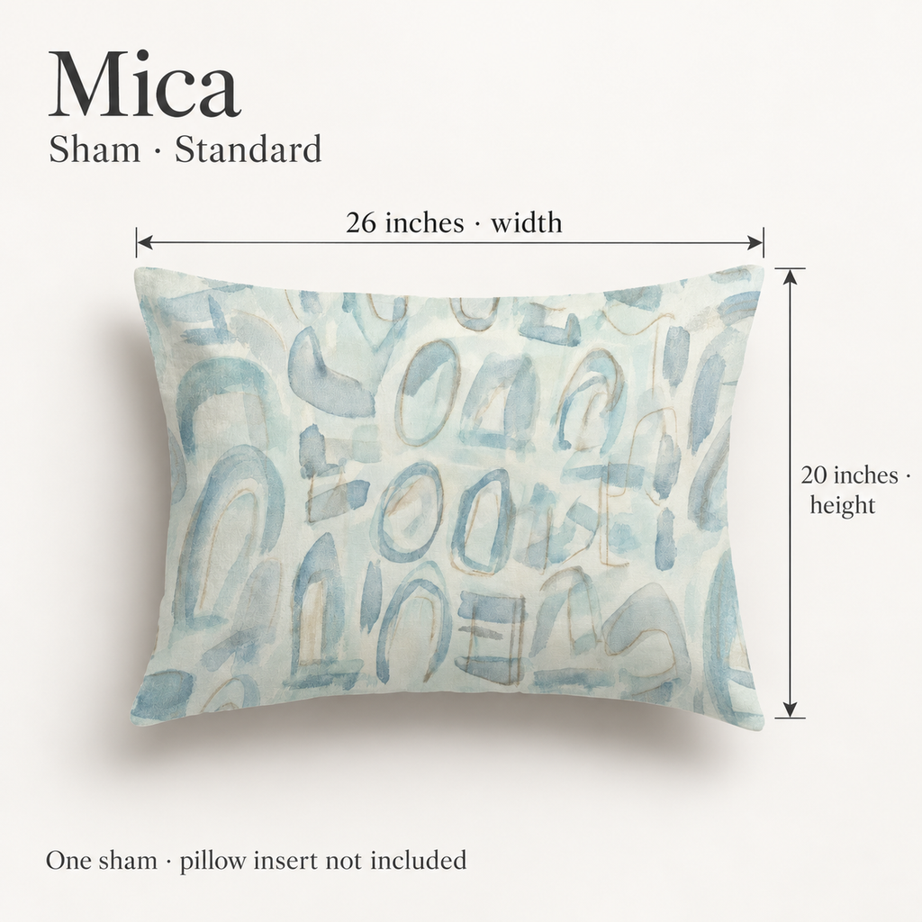 Mica Mineral Abstract Cotton Sateen Sham — Standard; dimension diagram and inclusions.