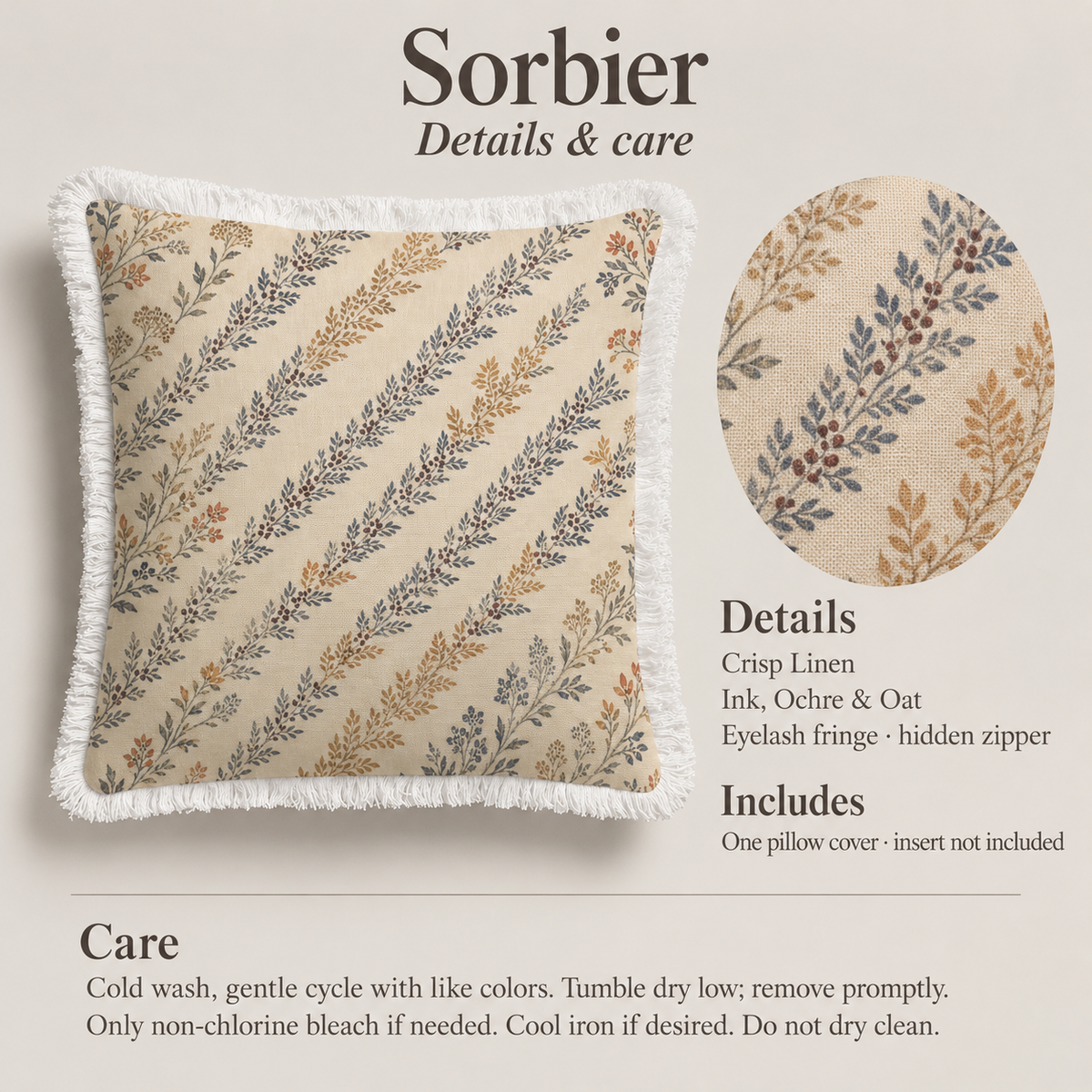 Sorbier Botanical Fringed Crisp Linen Pillow Cover — 20″ Square; verified details and care guide.