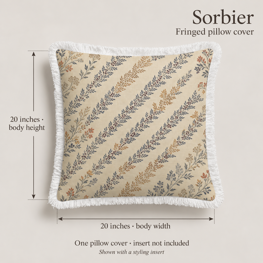 Sorbier Botanical Fringed Crisp Linen Pillow Cover — 20″ Square; dimension diagram and inclusions.