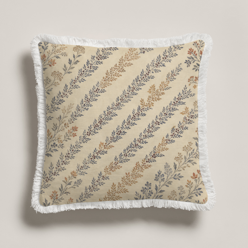 Sorbier Botanical Fringed Crisp Linen Pillow Cover — 20″ Square; full square botanical cover with white eyelash fringe; styling insert not included.