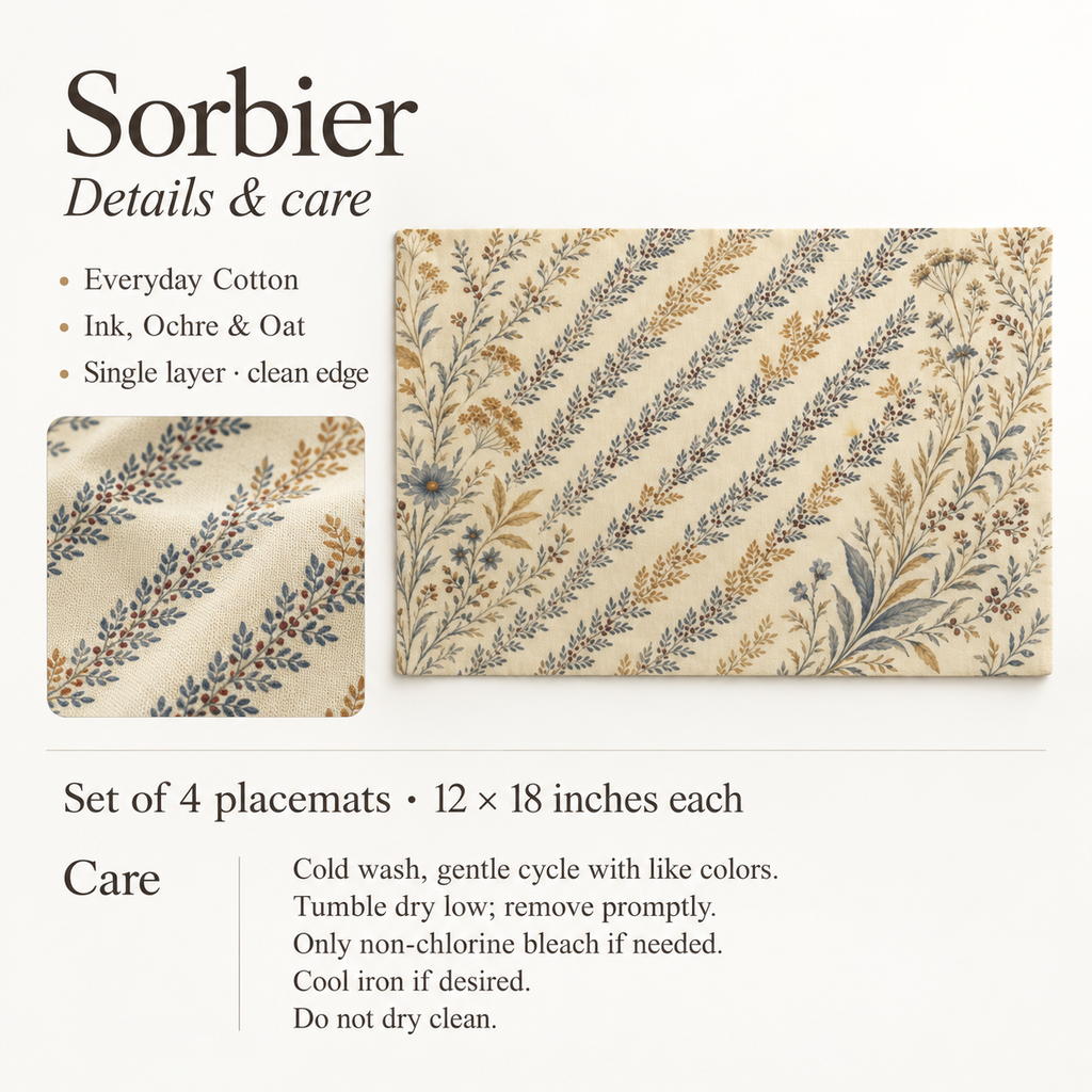 Sorbier Botanical Everyday Cotton Placemats — Set of 4; verified details and care guide.