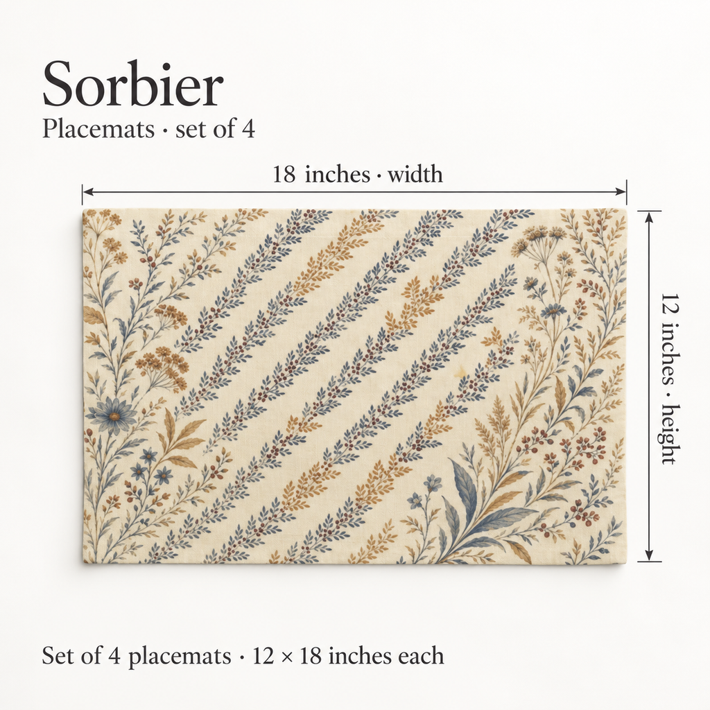 Sorbier Botanical Everyday Cotton Placemats — Set of 4; dimension diagram and inclusions.