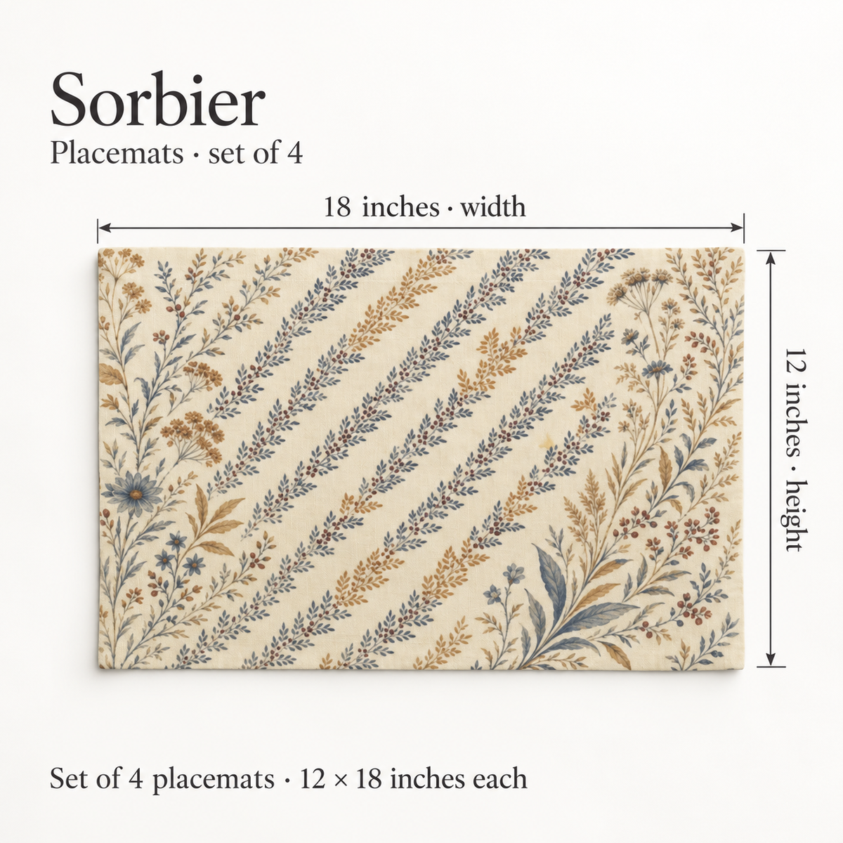 Sorbier Botanical Everyday Cotton Placemats — Set of 4; dimension diagram and inclusions.