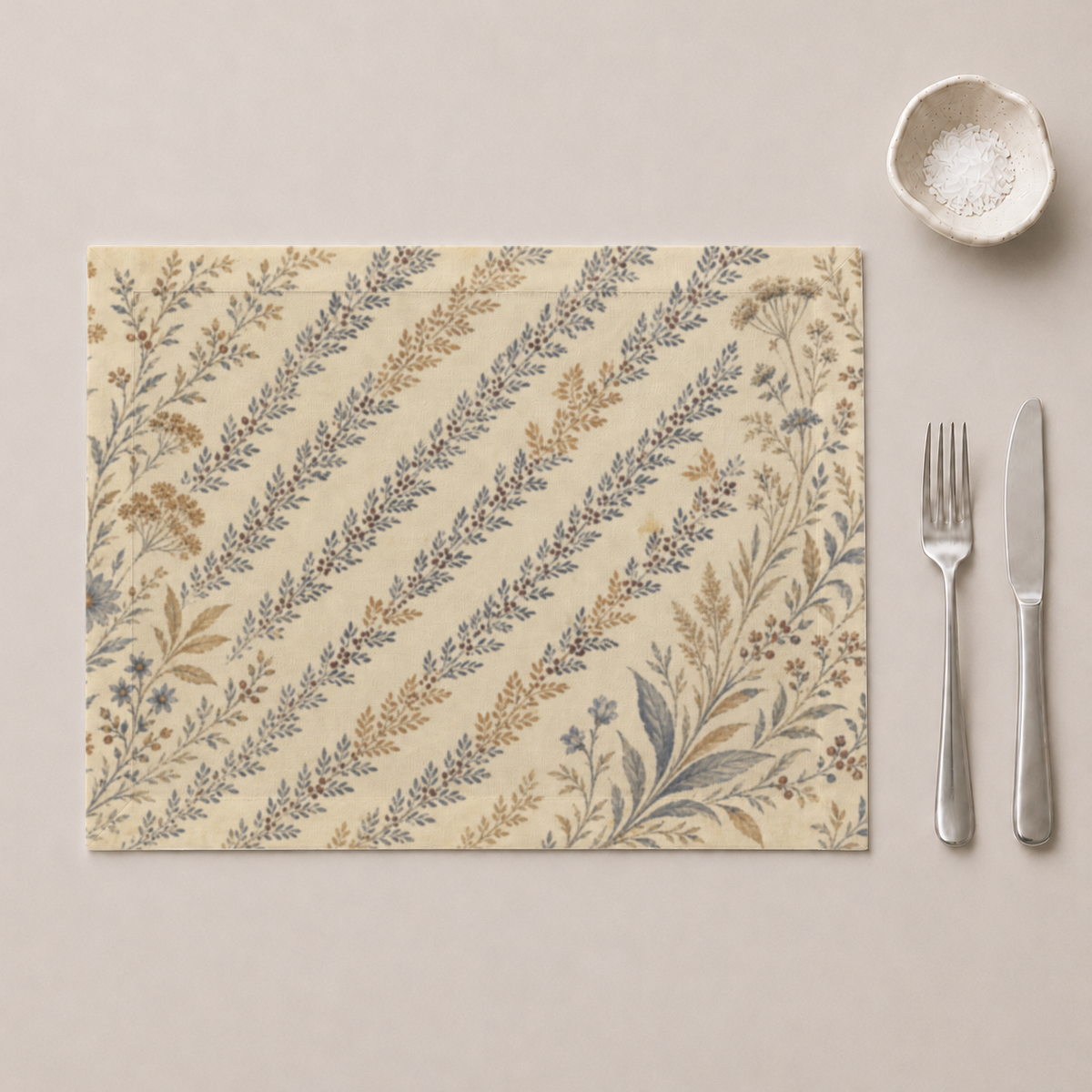 Sorbier Botanical Everyday Cotton Placemats — Set of 4; one placemat in a table setting; tableware is styling only.