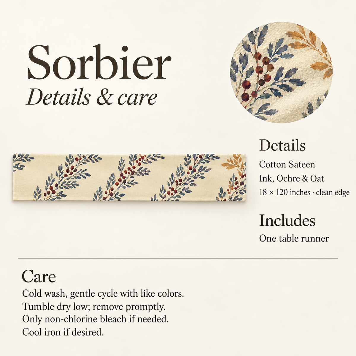 Sorbier Botanical Cotton Sateen Table Runner — 18 × 120″; verified details and care guide.