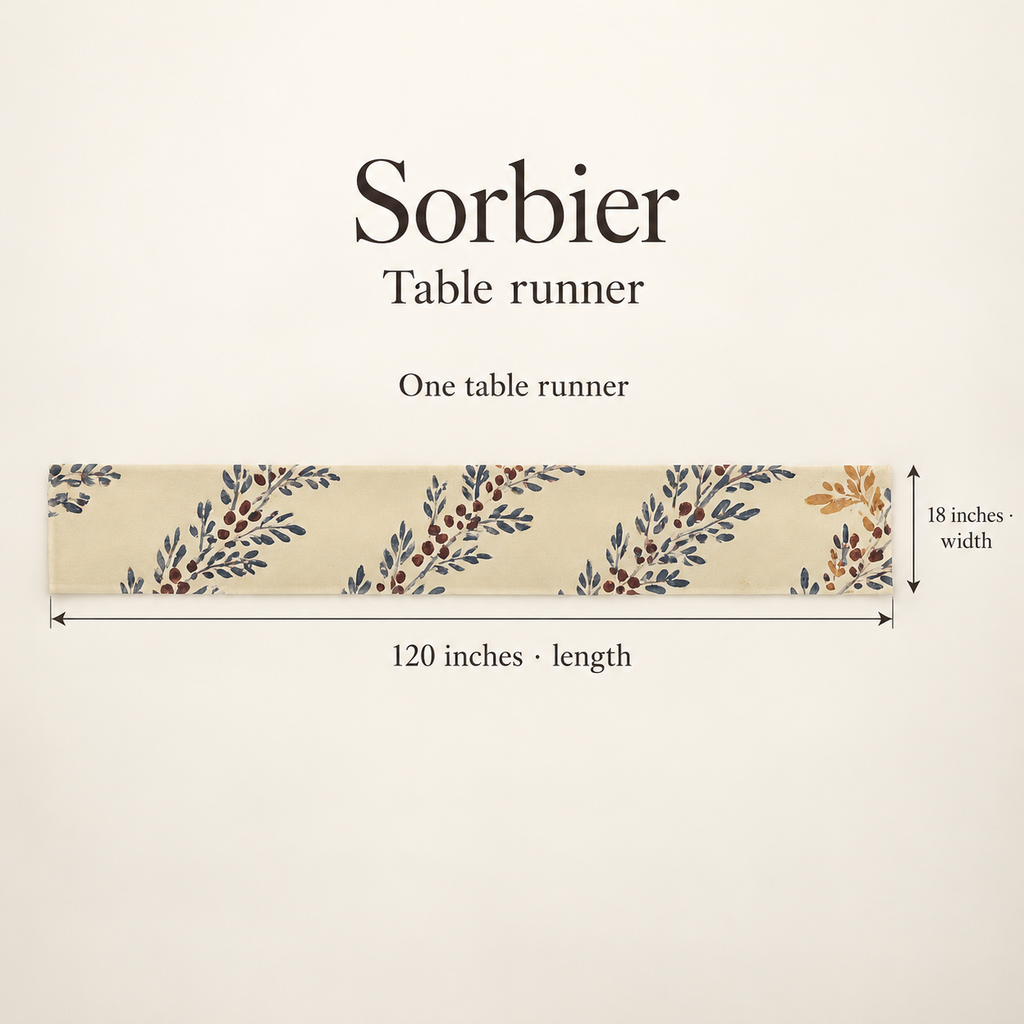 Sorbier Botanical Cotton Sateen Table Runner — 18 × 120″; dimension diagram and inclusions.
