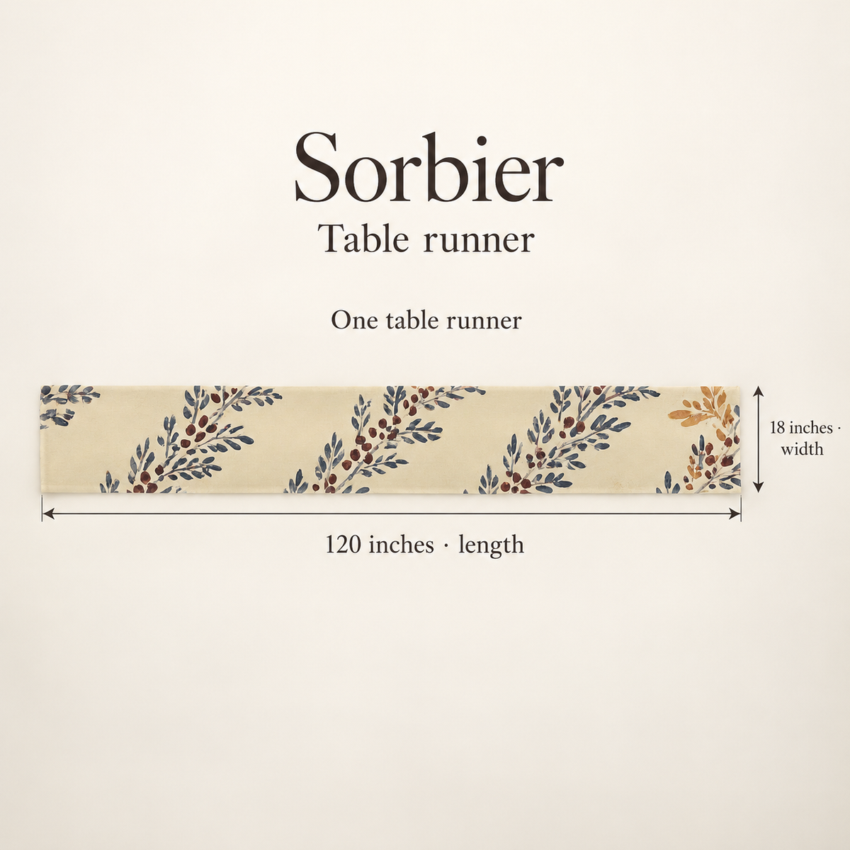 Sorbier Botanical Cotton Sateen Table Runner — 18 × 120″; dimension diagram and inclusions.