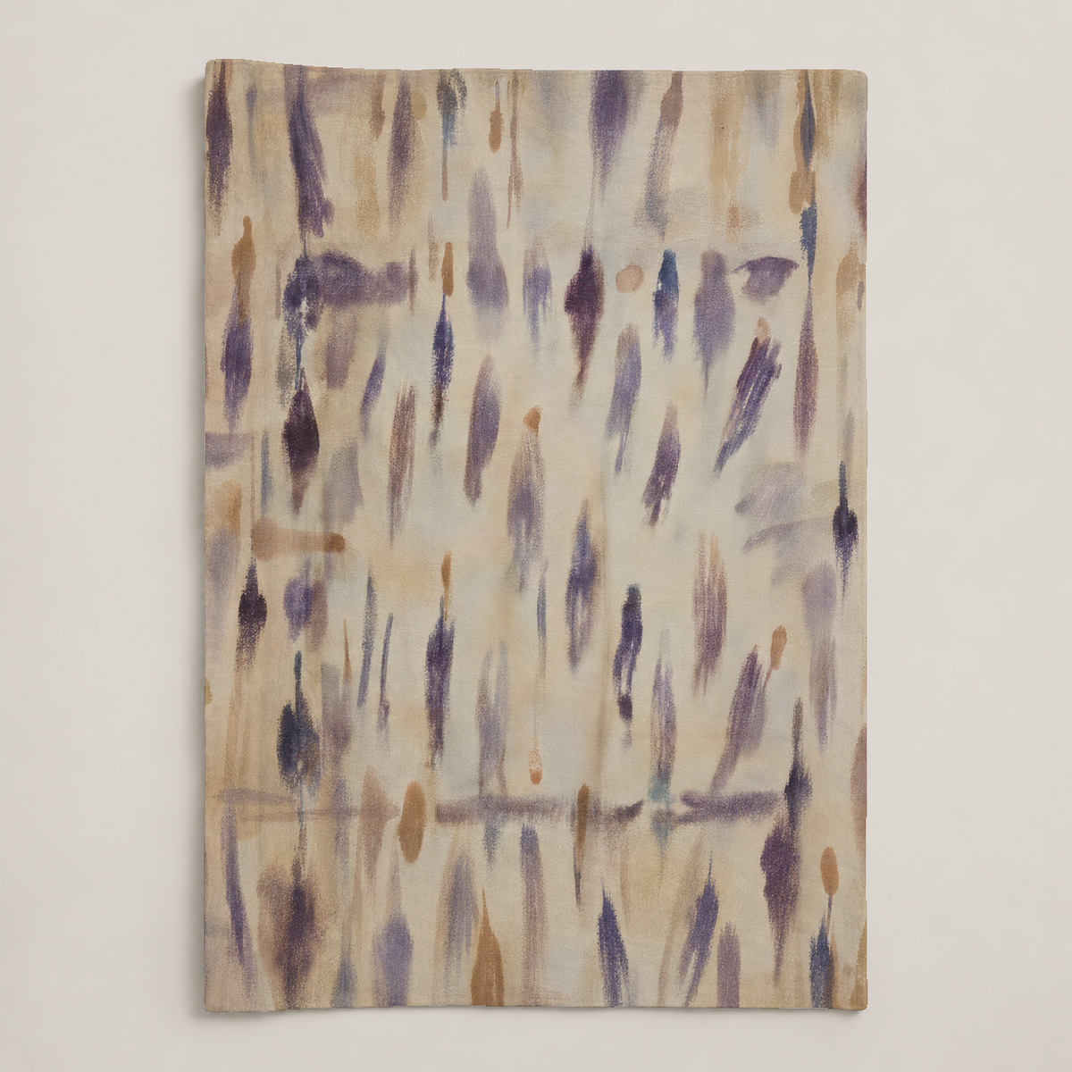 Cadenza Smooth Cotton coverlet in loose plum, lilac and warm neutral brushwork; digital product preview.