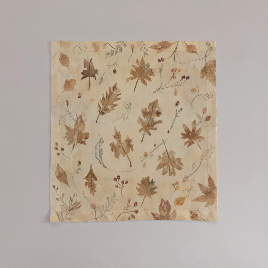 Coppice Fine Flatweave tea towels with chestnut oak leaves on parchment; sold as a set of two; one towel shown flat.
