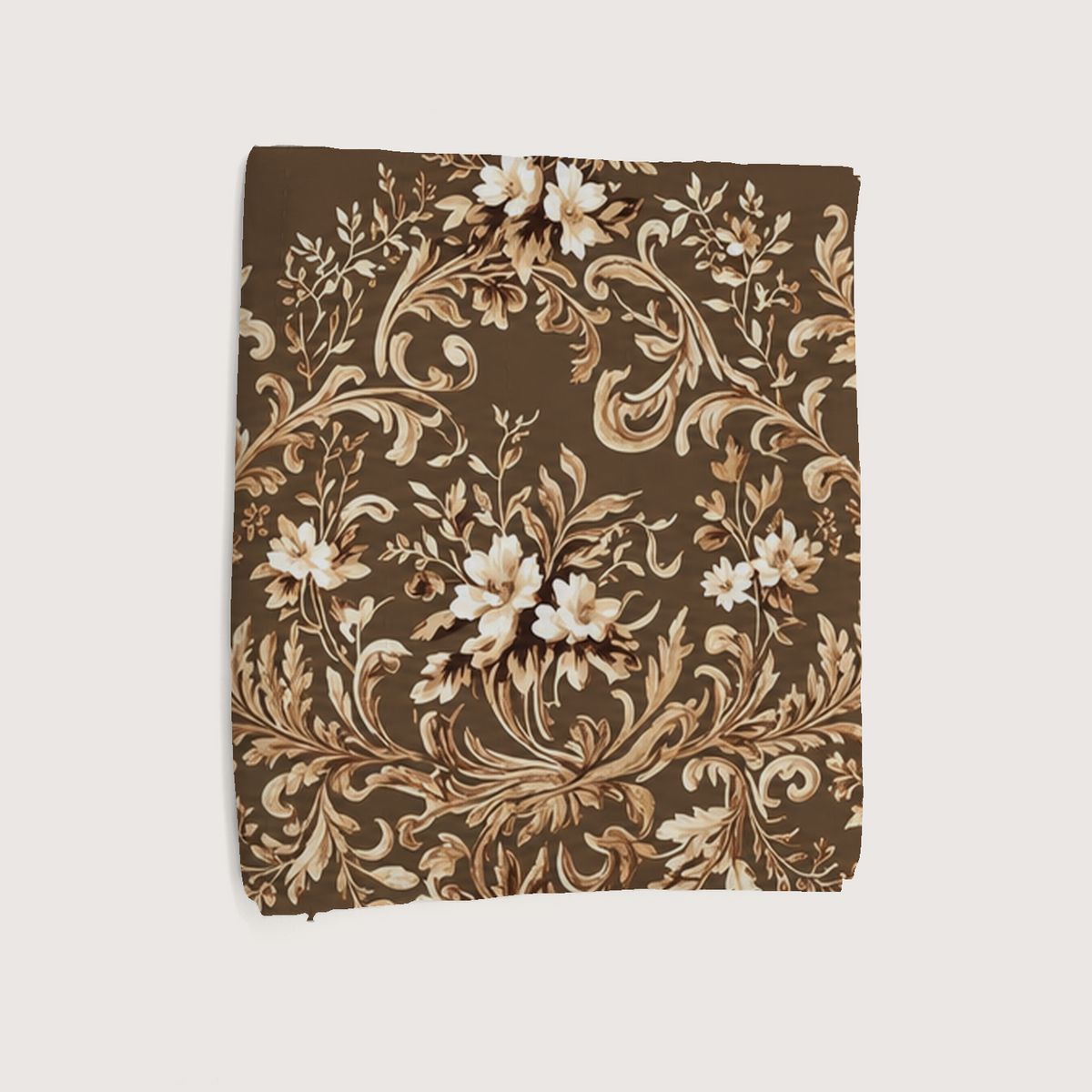 Nocturne Smooth Cotton bed runner in chocolate and flax botanicals; folded view.