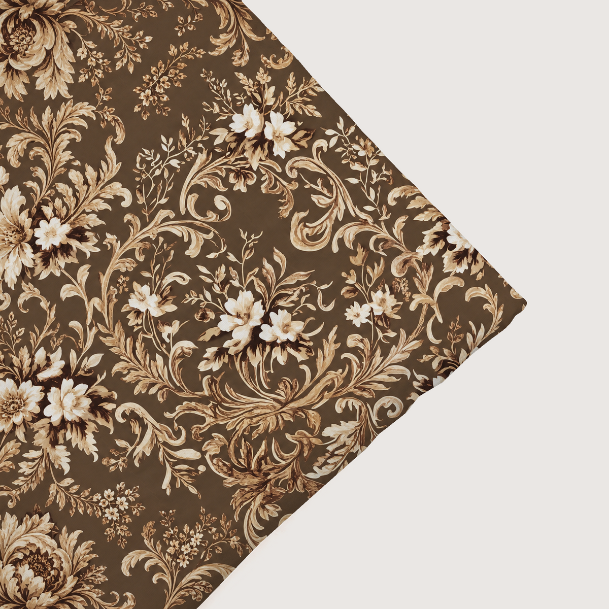 Nocturne coverlet close-up showing its printed flax botanical artwork and sewn edge.